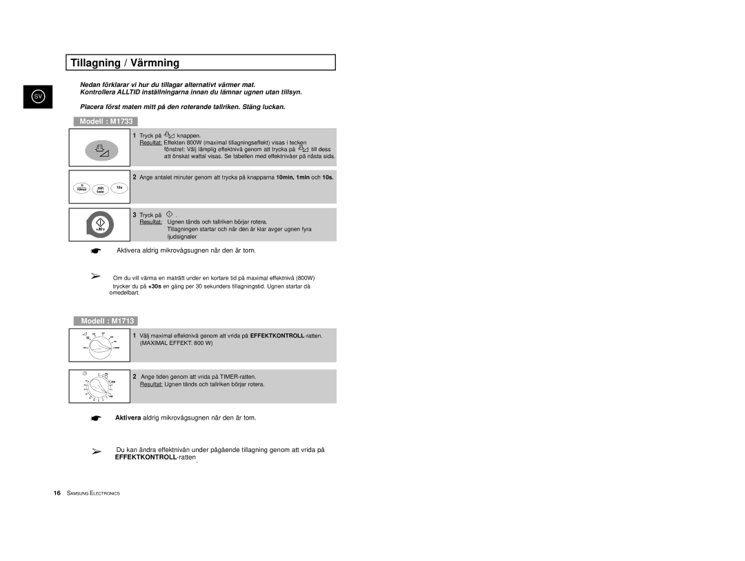 Samsung M1713/NSI, M1733/NSI manual Tillagning / Värmning, Modell M1733 