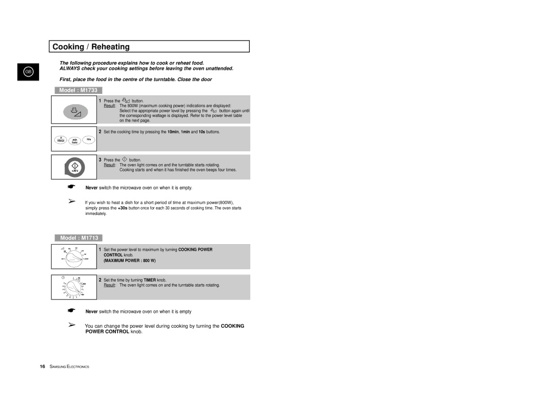 Samsung M1713/NSI, M1733/NSI manual Cooking / Reheating, Control knob 