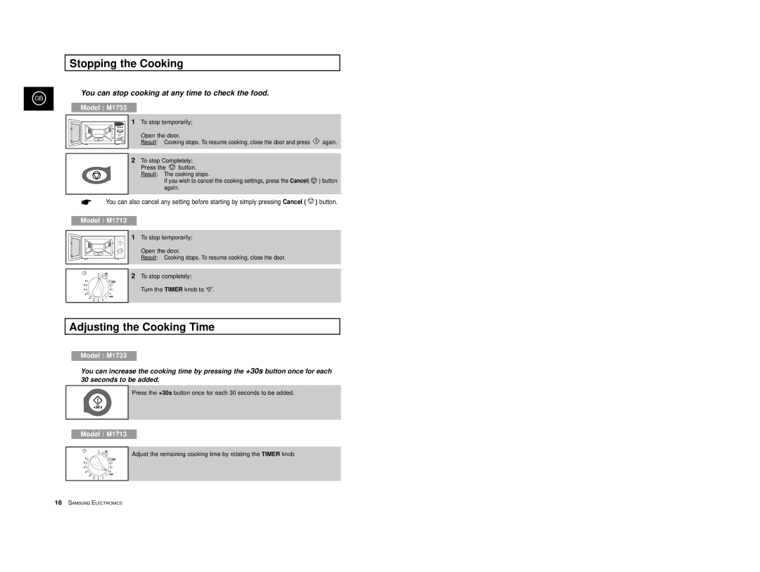 Samsung M1713/NSI Stopping the Cooking, Adjusting the Cooking Time, You can stop cooking at any time to check the food 