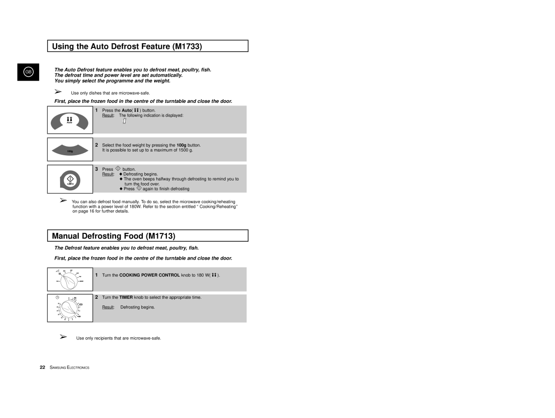 Samsung M1713/NSI, M1733/NSI manual Using the Auto Defrost Feature M1733, Manual Defrosting Food M1713 