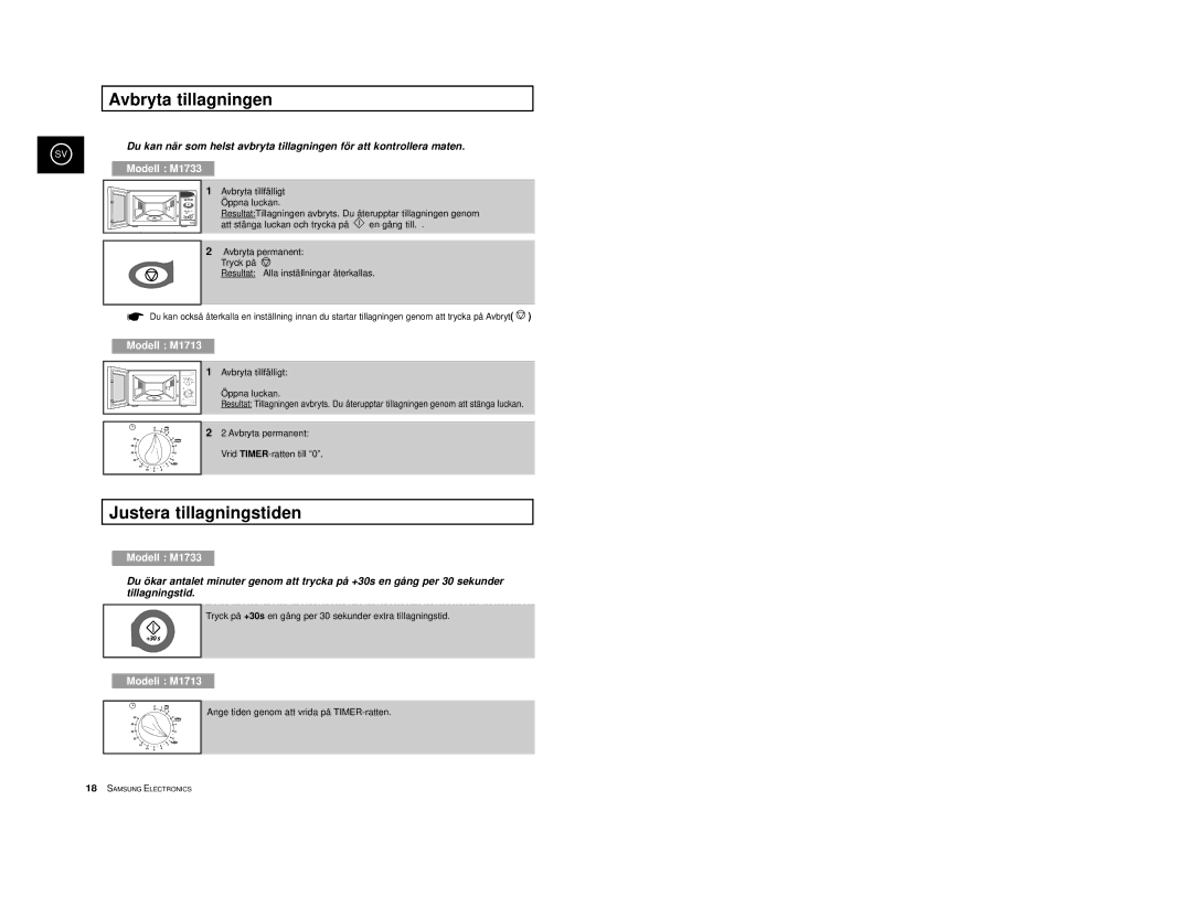 Samsung M1713/NSI, M1733/NSI manual Avbryta tillagningen, Justera tillagningstiden 