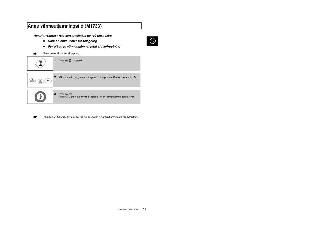 Samsung M1733/NSI, M1713/NSI manual Ange värmeutjämningstid M1733, Timerfunktionen Håll kan användas på två olika sätt 