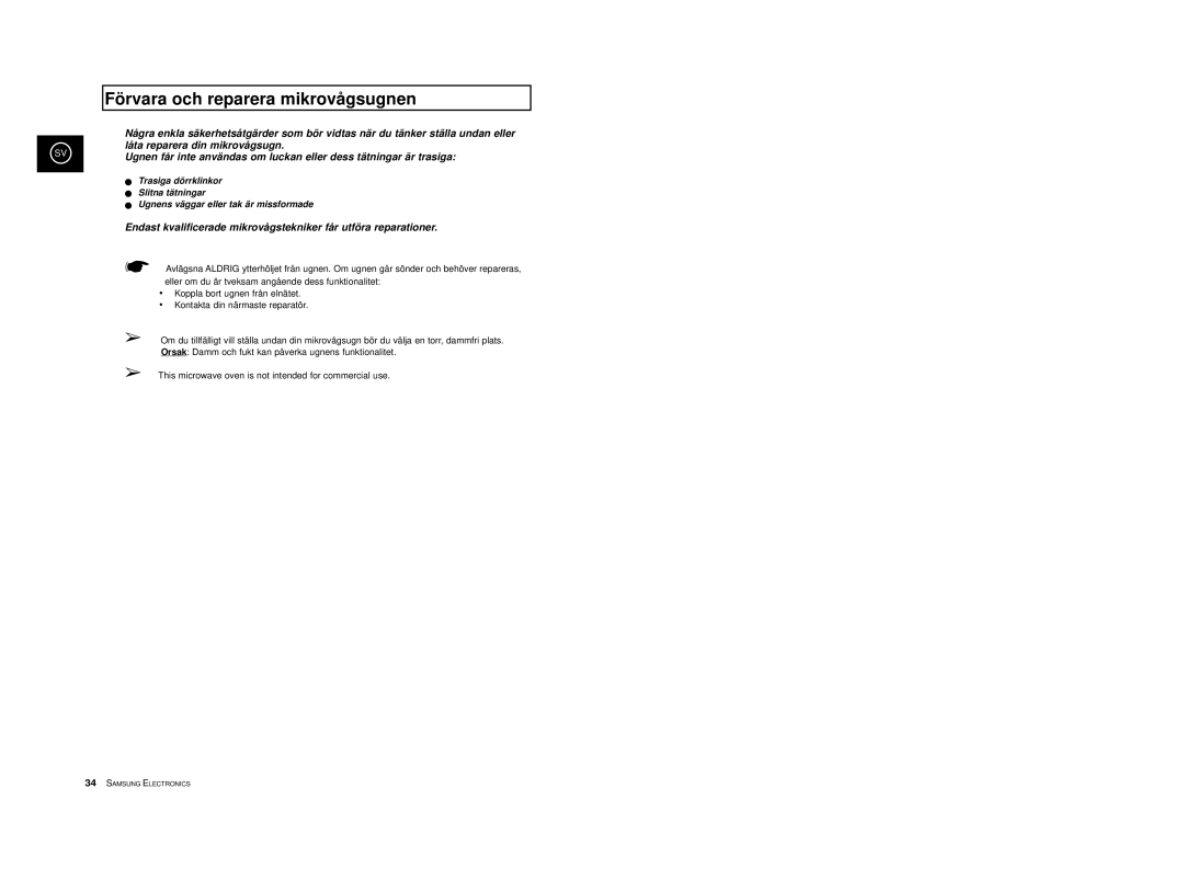 Samsung M1713/NSI, M1733/NSI manual Förvara och reparera mikrovågsugnen 