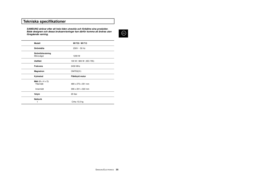 Samsung M1733/NSI, M1713/NSI manual Tekniska specifikationer 