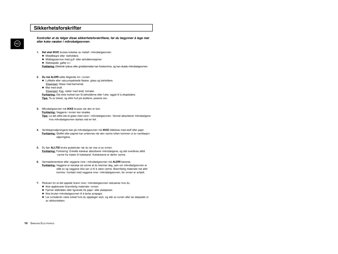 Samsung M1713/NSI, M1733/NSI manual Sikkerhetsforskrifter 