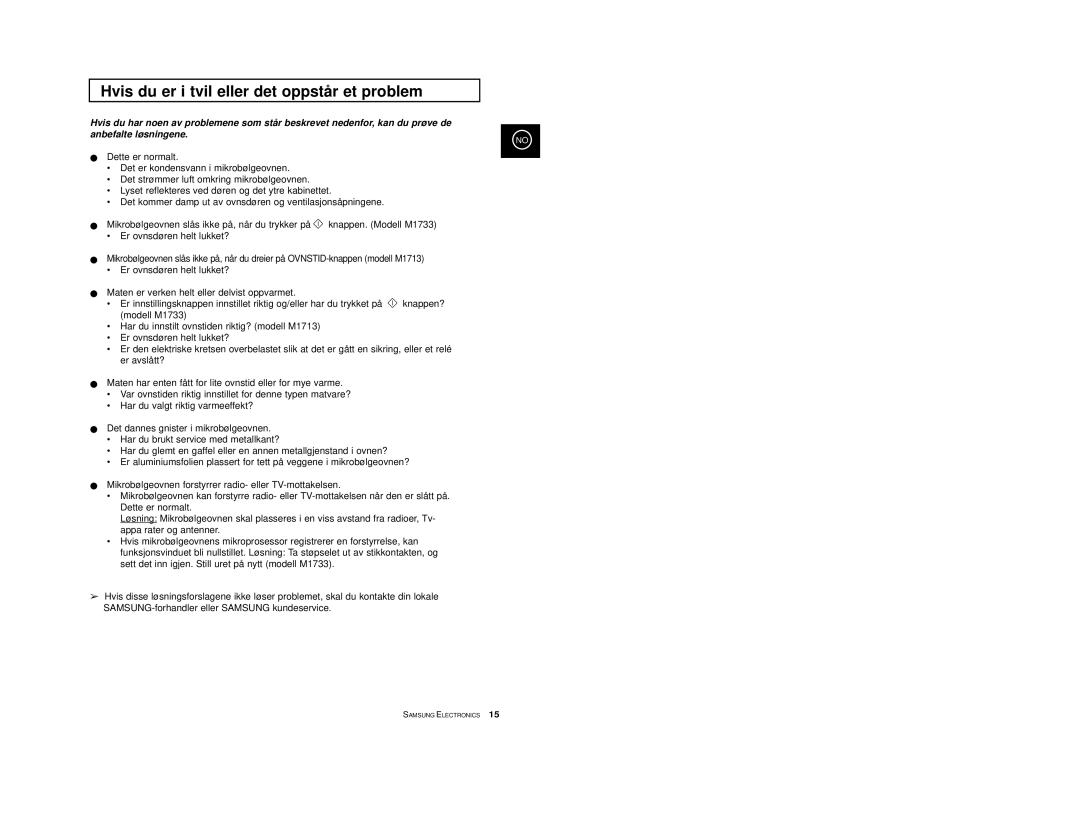 Samsung M1733/NSI, M1713/NSI manual Hvis du er i tvil eller det oppstår et problem 