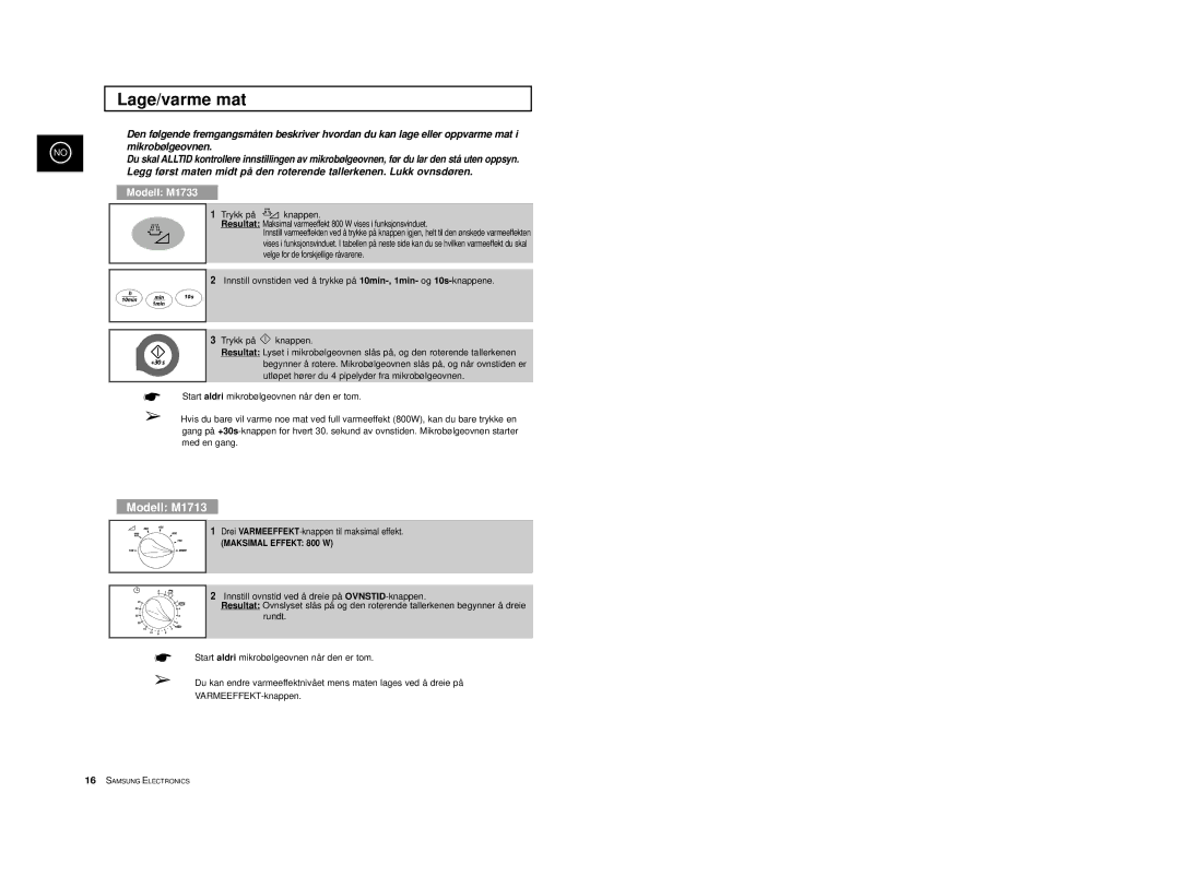 Samsung M1713/NSI, M1733/NSI manual Lage/varme mat, Maksimal Effekt 800 W 