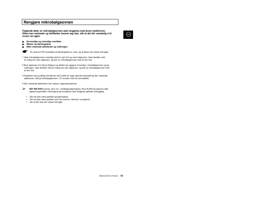 Samsung M1733/NSI, M1713/NSI manual Rengjøre mikrobølgeovnen 