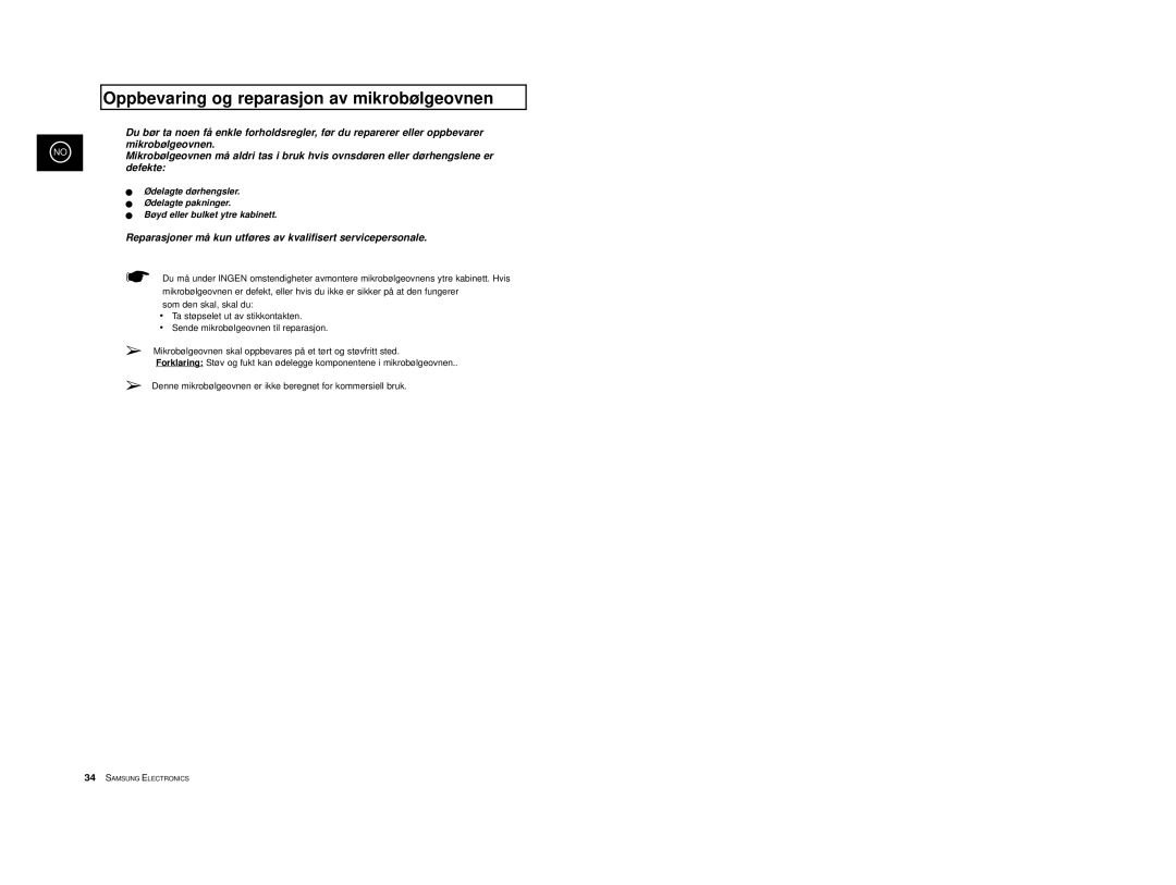 Samsung M1713/NSI, M1733/NSI manual Oppbevaring og reparasjon av mikrobølgeovnen 