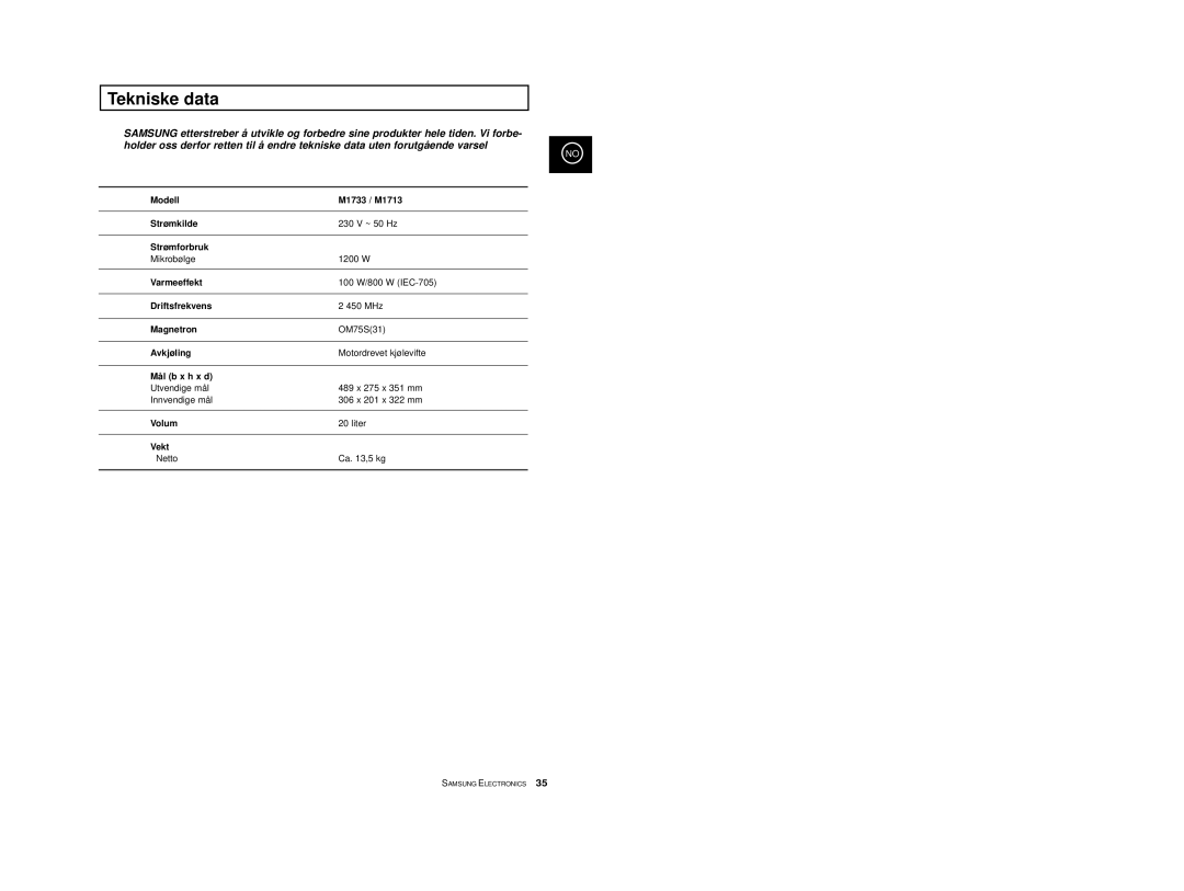 Samsung M1733/NSI, M1713/NSI manual Tekniske data 