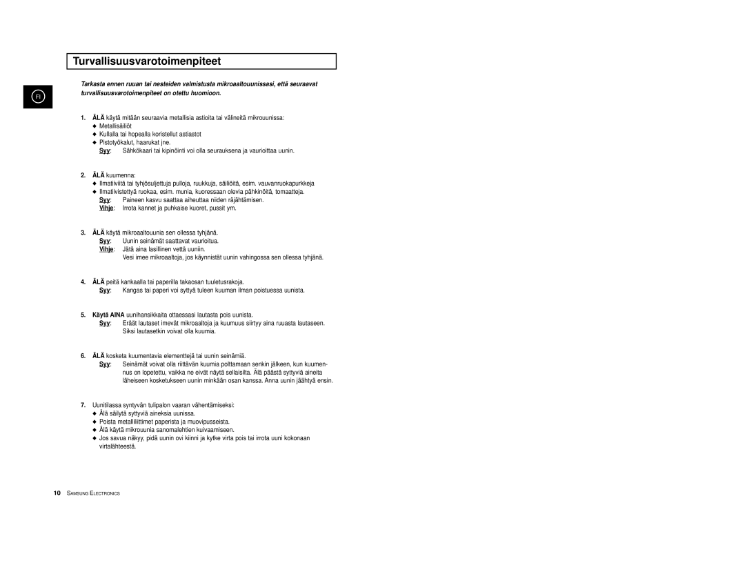 Samsung M1713/NSI, M1733/NSI manual Turvallisuusvarotoimenpiteet 