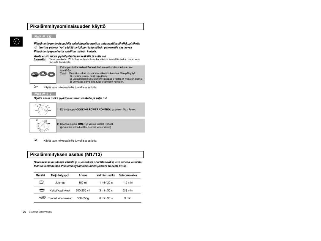 Samsung M1713/NSI, M1733/NSI manual Pikalämmitysominaisuuden käyttö, Pikalämmityksen asetus M1713, Merkki 