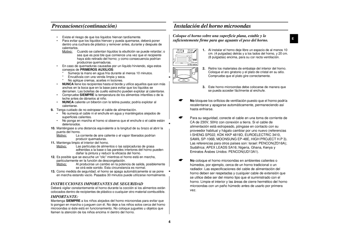 Samsung M1713N/XEC manual Precaucionescontinuación Instalación del horno microondas, Instrucciones Importantes DE Seguridad 