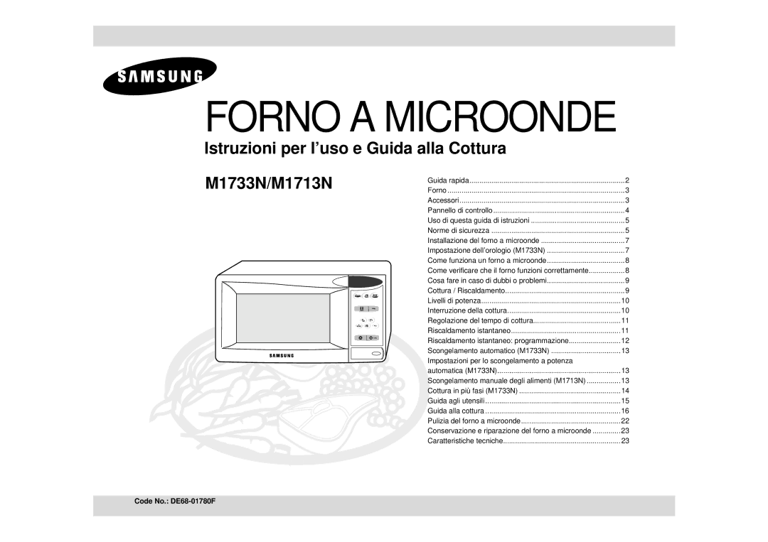 Samsung M1713N/XET manual Forno a Microonde, Code No. DE68-01780F 