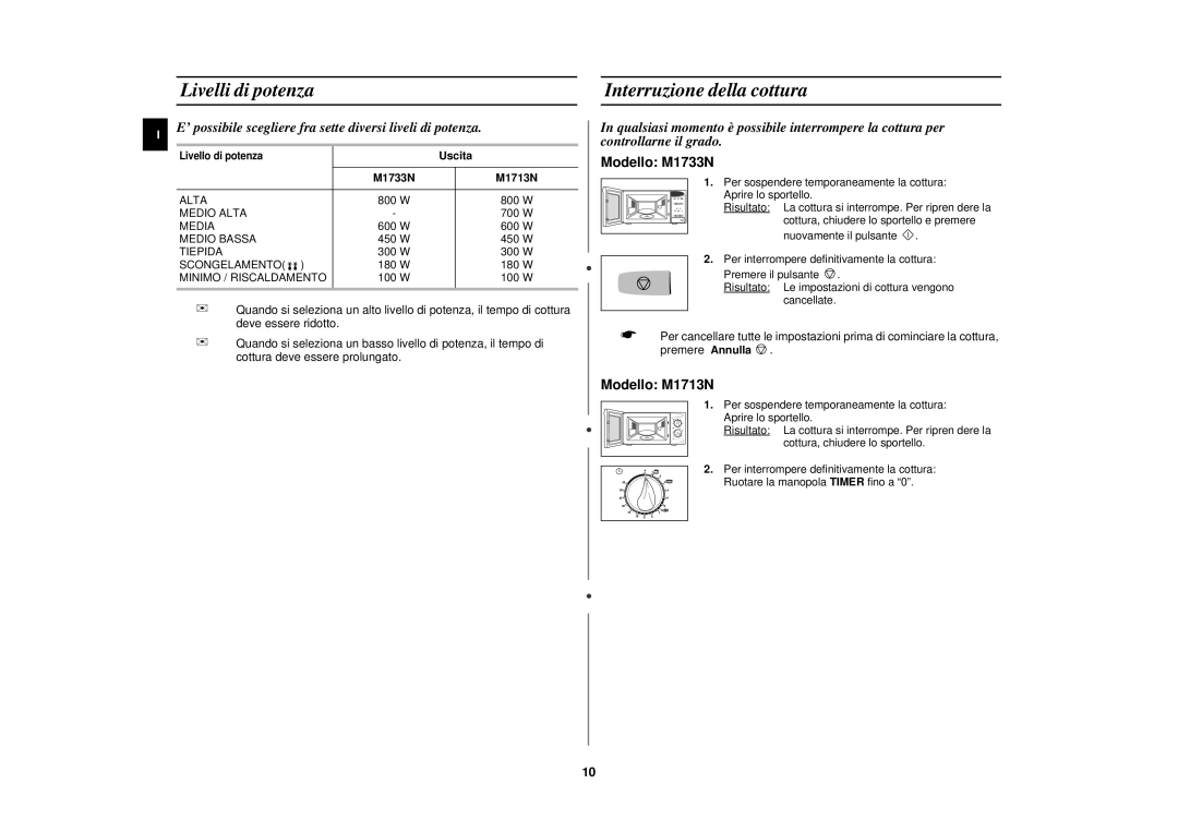 Samsung M1713N/XET manual Livelli di potenza Interruzione della cottura, Uscita 