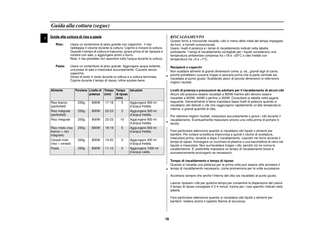 Samsung M1713N/XET manual Riscaldamento, Guida alla cottura di riso e pasta, Recipienti e coperchi 