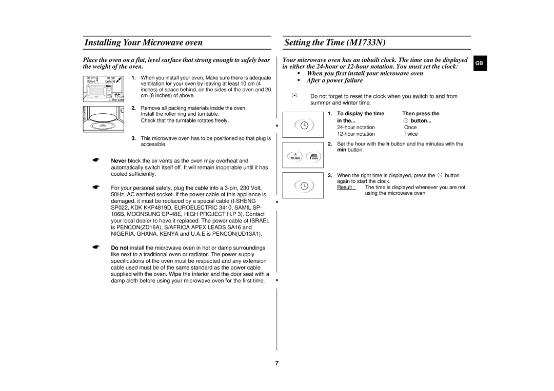 Samsung M1713N/XET manual Installing Your Microwave oven Setting the Time M1733N, To display the time 