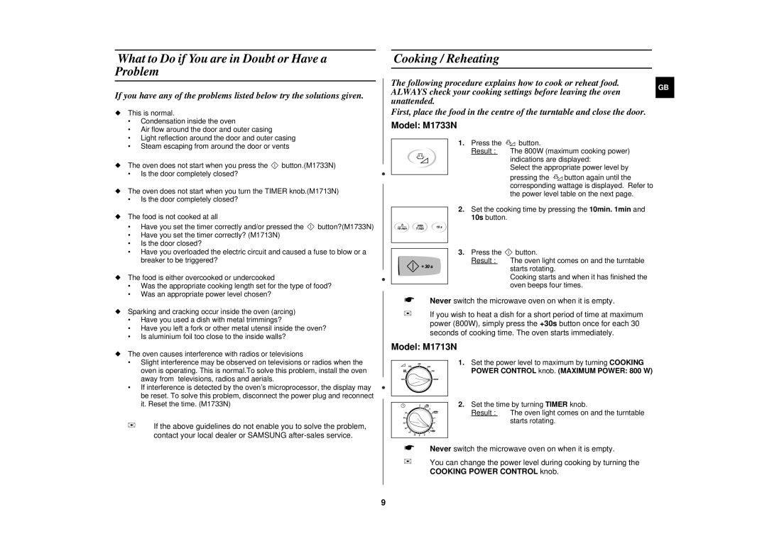 Samsung M1713N/XET manual What to Do if You are in Doubt or Have a Problem, Cooking / Reheating 