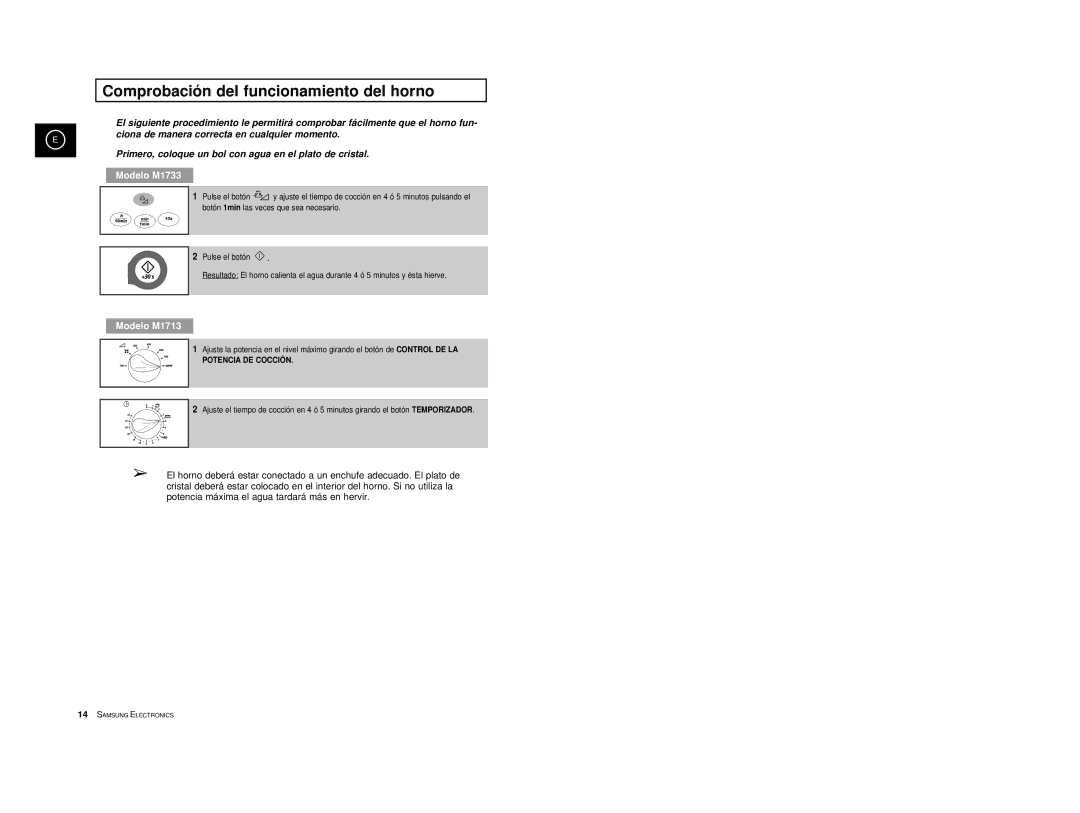 Samsung M1713/XEC manual Comprobación del funcionamiento del horno, Modelo M1733 