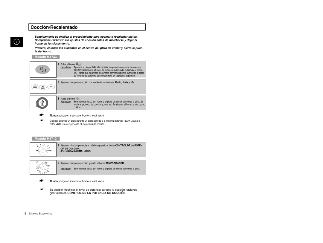 Samsung M1713/XEC manual Cocción/Recalentado, Modelo M1733 
