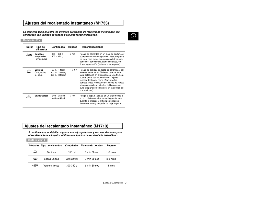 Samsung M1713/XEC manual Ajustes del recalentado instantáneo M1733, Ajustes del recalentado instantáneo M1713 