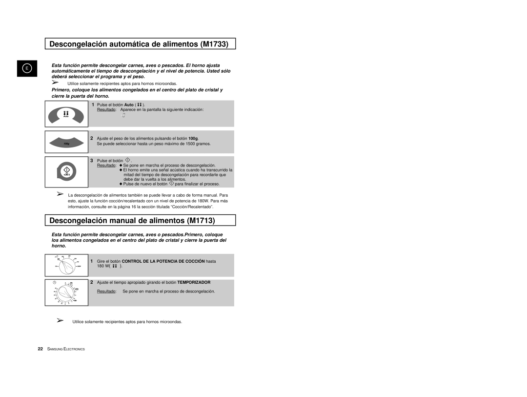 Samsung M1713/XEC Descongelación automática de alimentos M1733, Descongelación manual de alimentos M1713 