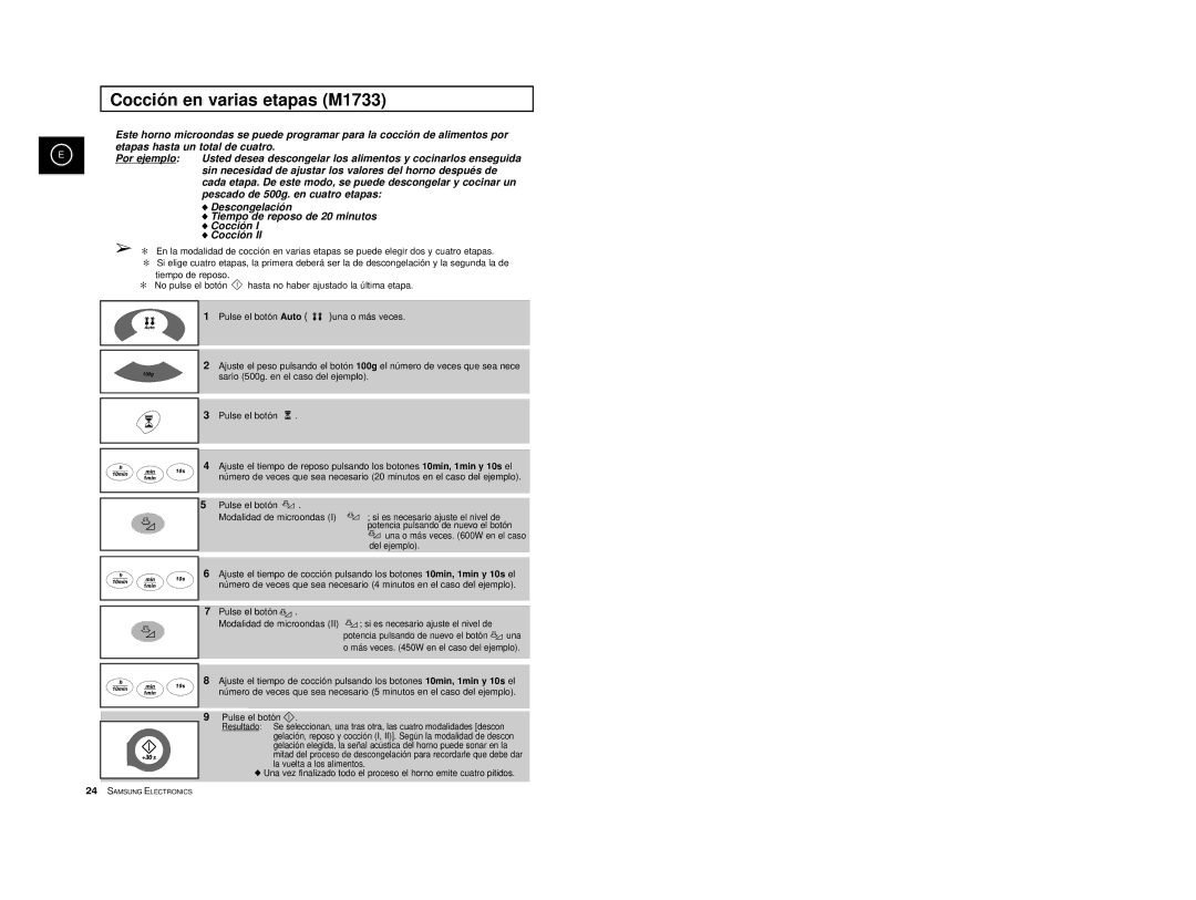 Samsung M1713/XEC manual Cocción en varias etapas M1733 