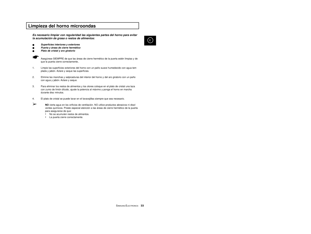 Samsung M1713/XEC manual Limpieza del horno microondas 