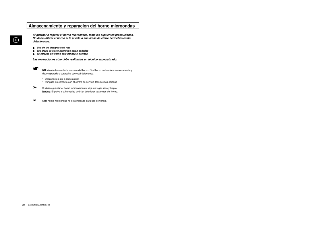 Samsung M1713/XEC manual Almacenamiento y reparación del horno microondas 