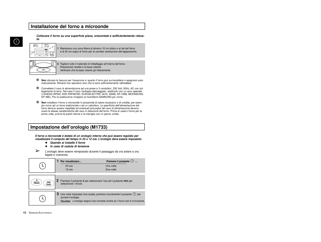 Samsung M1713/XET manual Installazione del forno a microonde, Impostazione dell’orologio M1733 