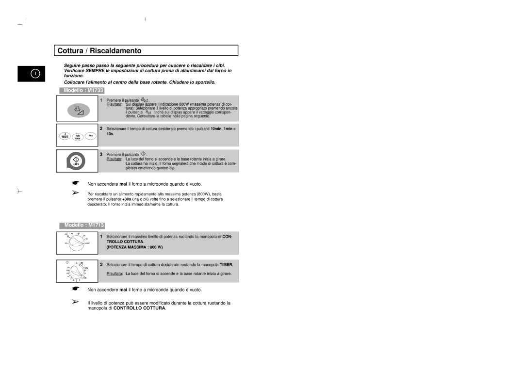 Samsung M1713/XET manual Cottura / Riscaldamento, 10s 