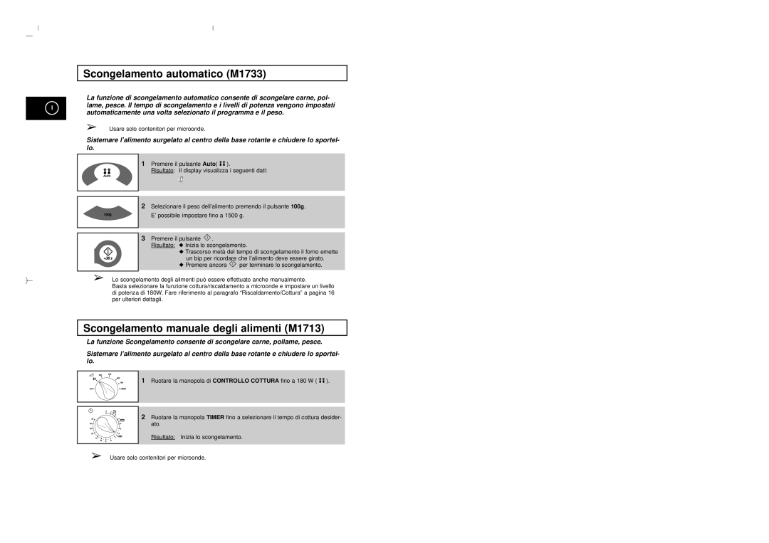 Samsung M1713/XET Scongelamento automatico M1733, Scongelamento manuale degli alimenti M1713 