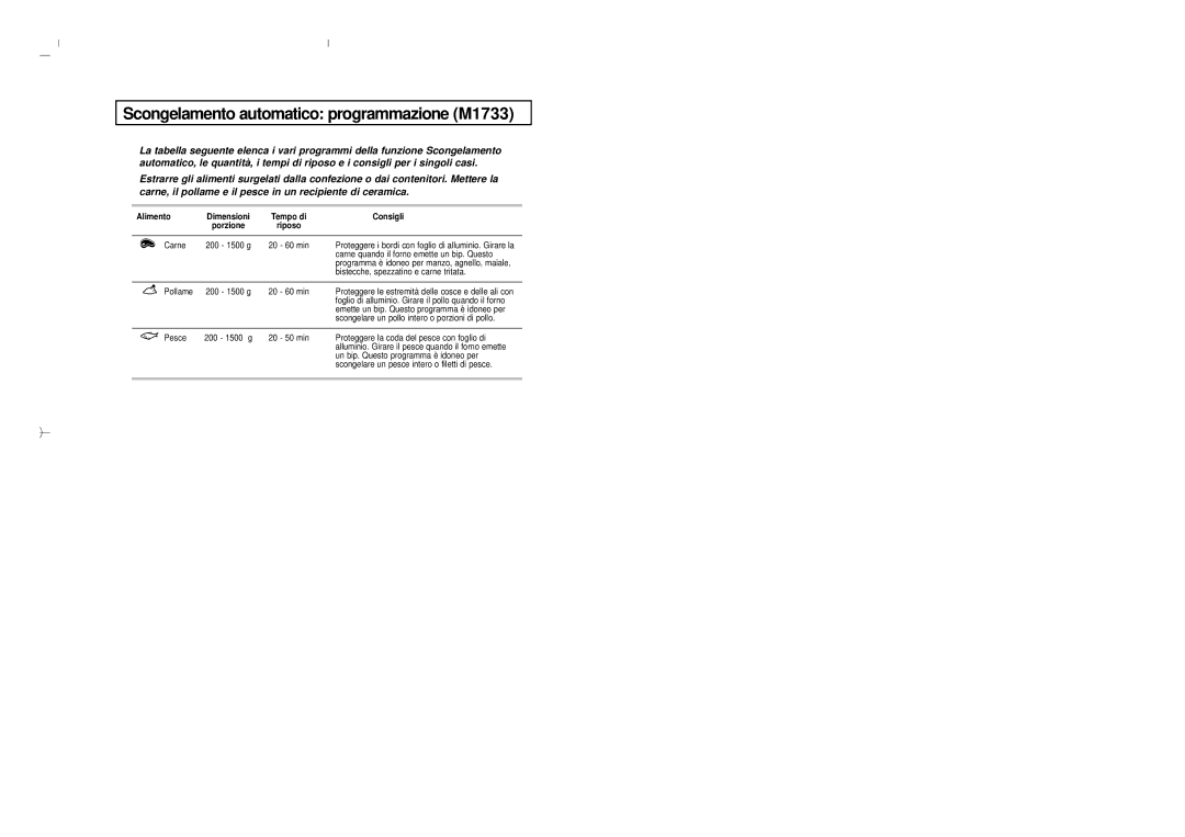 Samsung M1713/XET manual Scongelamento automatico programmazione M1733 