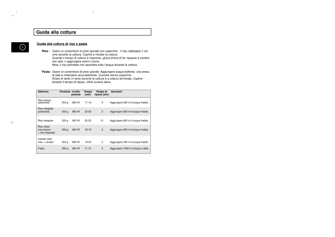 Samsung M1713/XET manual Guida alla cottura di riso e pasta 