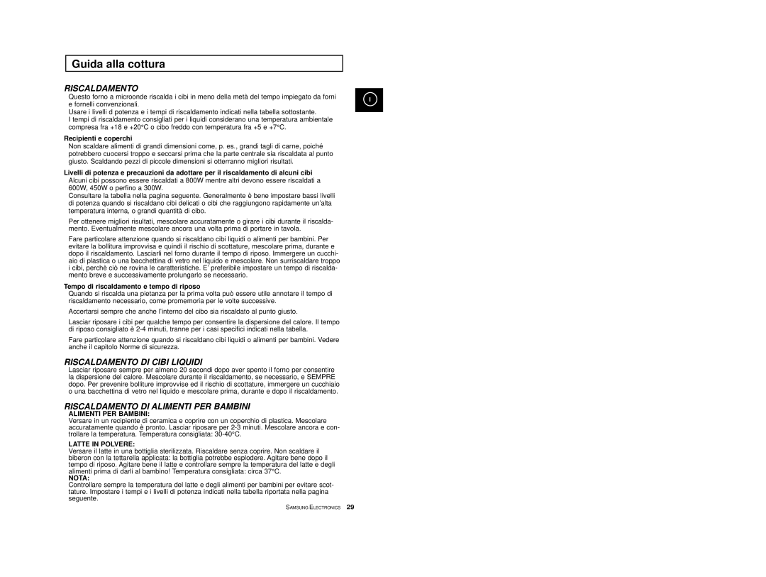 Samsung M1713/XET manual Guida alla cottura, Recipienti e coperchi, Tempo di riscaldamento e tempo di riposo 