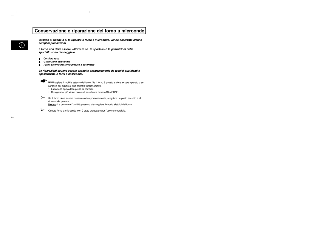 Samsung M1713/XET manual Conservazione e riparazione del forno a microonde 