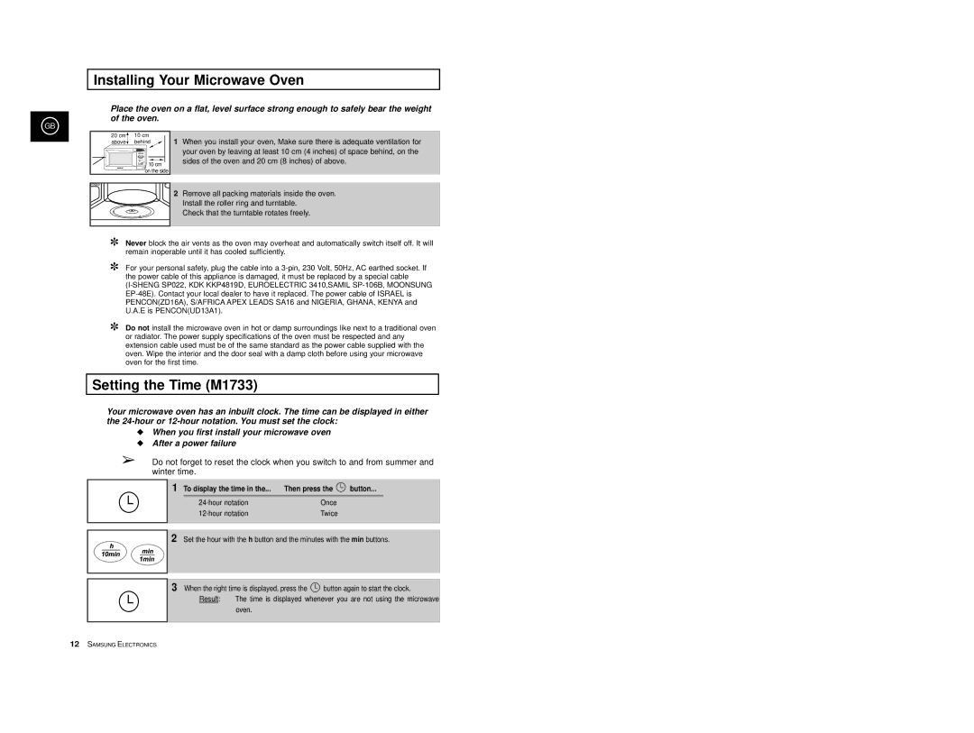 Samsung M1713/XET manual Installing Your Microwave Oven, Setting the Time M1733, To display the time Then press Button 