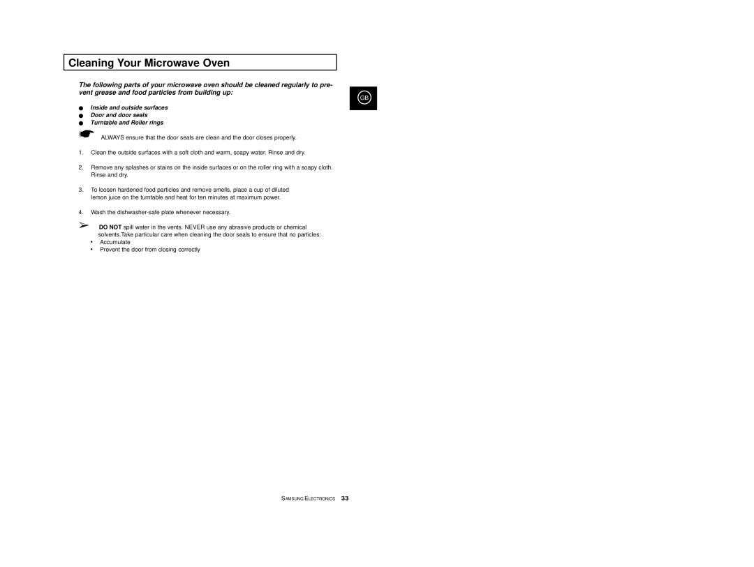 Samsung M1713/XET manual Cleaning Your Microwave Oven 