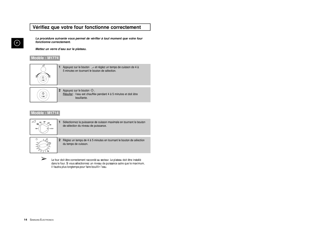 Samsung M1714-X/XEF, M1714-Y/XEF, M1714-A/XEF, M1714/XEF, M1714-V/XEF manual Vérifiez que votre four fonctionne correctement 