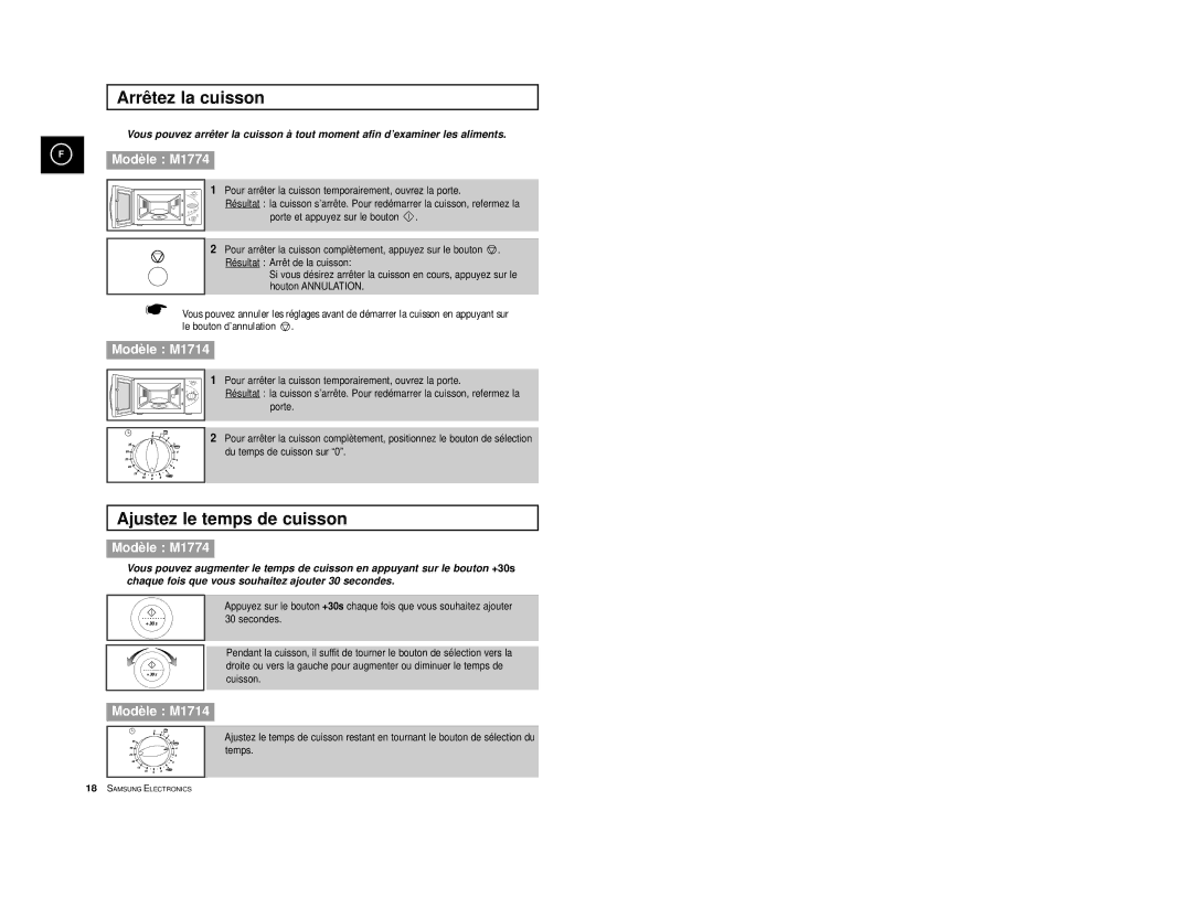 Samsung M1714/XEF, M1714-Y/XEF, M1714-A/XEF, M1714-V/XEF, M1714-XM/XEF manual Arrêtez la cuisson, Ajustez le temps de cuisson 