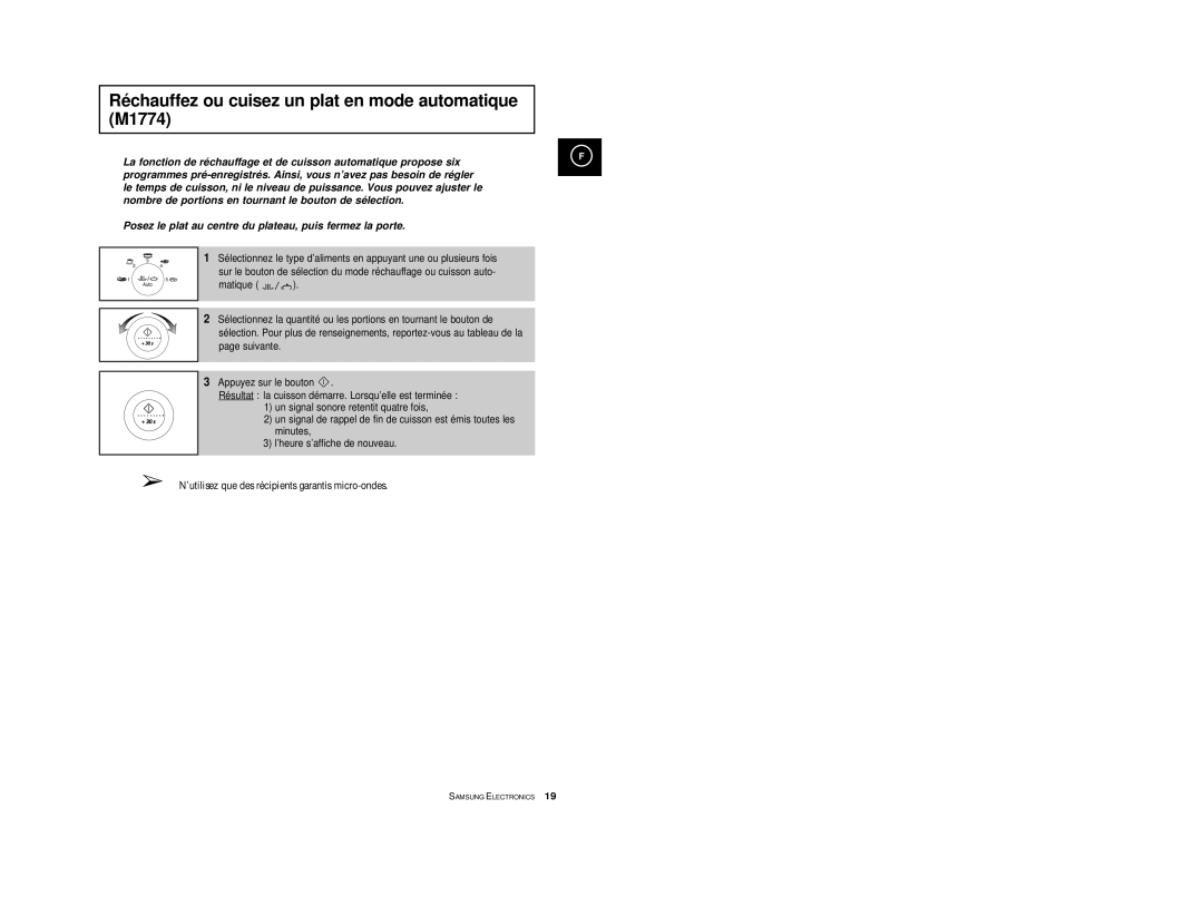 Samsung M1714-V/XEF, M1714-Y/XEF, M1714-A/XEF, M1714/XEF, M1714-XM/XEF Réchauffez ou cuisez un plat en mode automatique M1774 