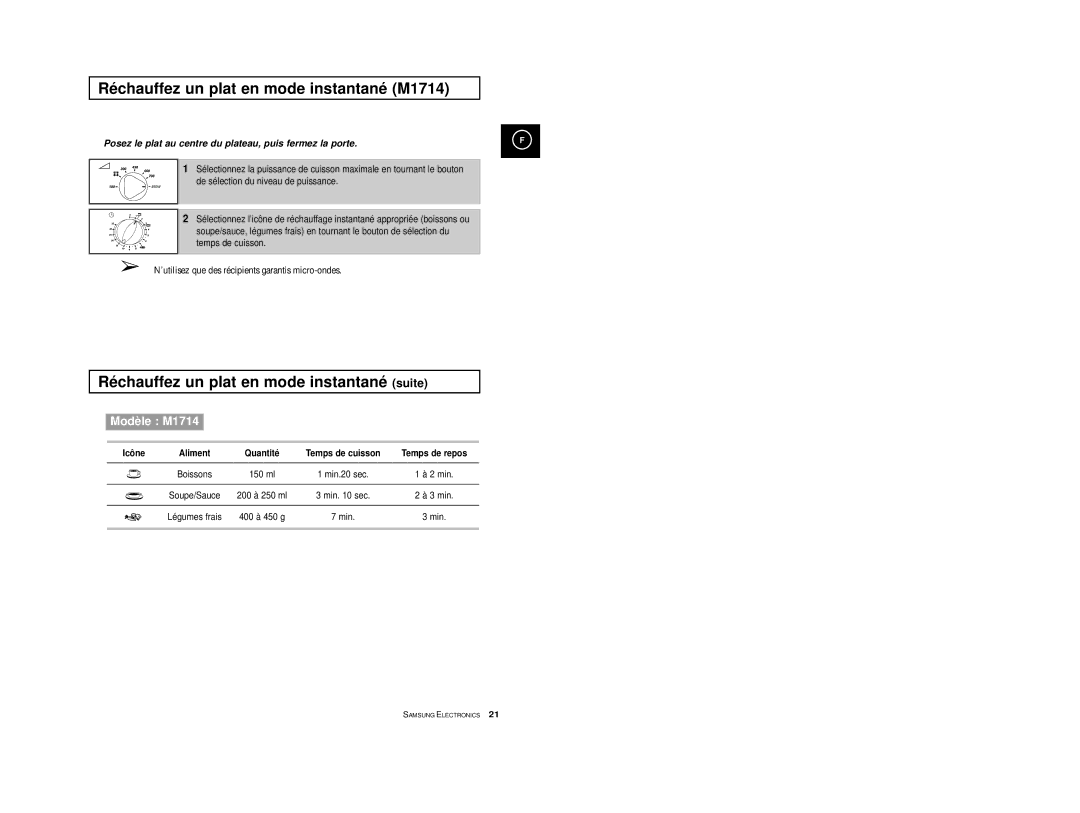 Samsung M1774/XEF, M1714-Y/XEF Réchauffez un plat en mode instantané M1714, Réchauffez un plat en mode instantané suite 