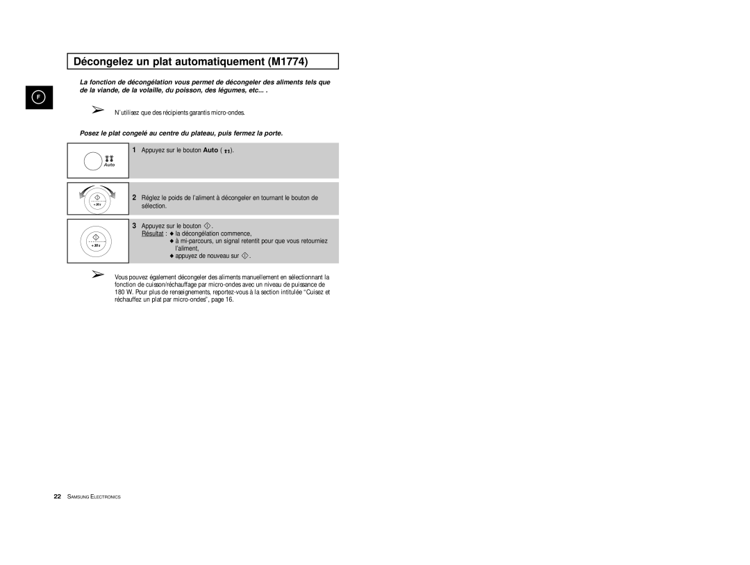 Samsung M1714-X/XEF, M1714-Y/XEF, M1714-A/XEF, M1714/XEF, M1714-V/XEF, M1714-XM/XEF Décongelez un plat automatiquement M1774 