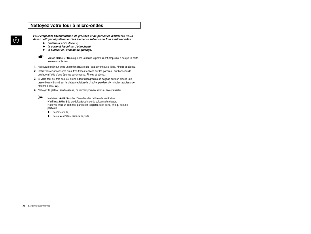 Samsung M1714-XM/XEF, M1714-Y/XEF, M1714-A/XEF, M1714/XEF, M1714-V/XEF, M1774/XEF manual Nettoyez votre four à micro-ondes 