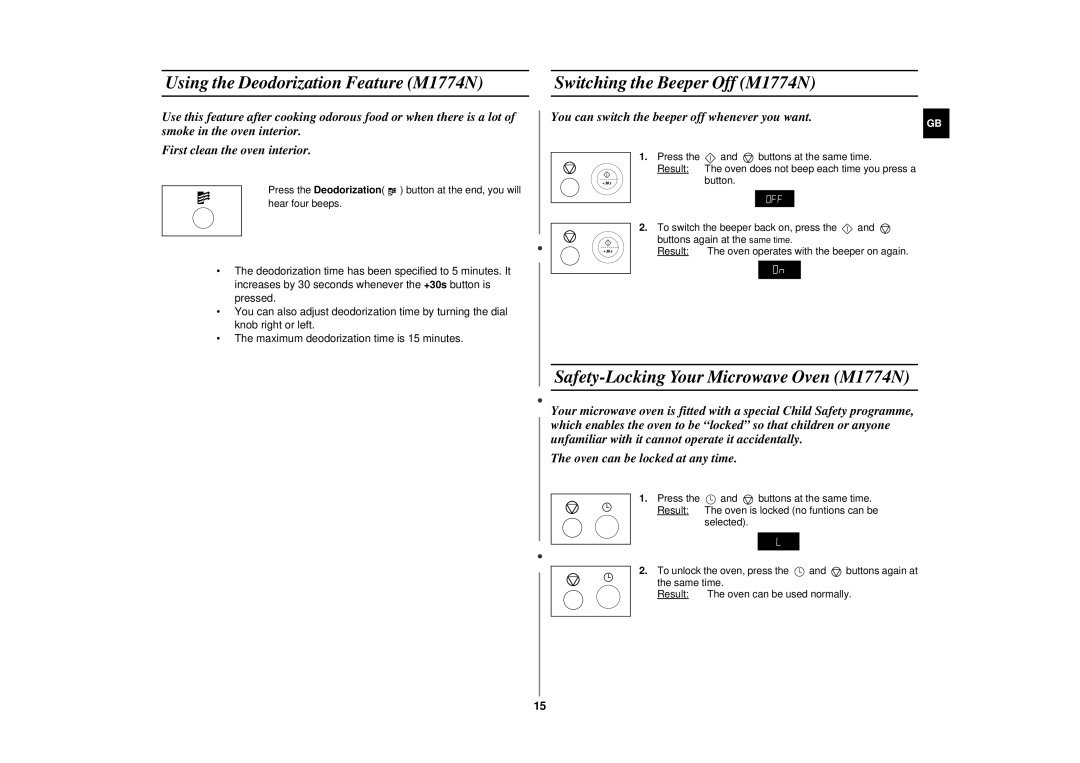 Samsung M1714N/BOL manual Using the Deodorization Feature M1774N, Switching the Beeper Off M1774N 