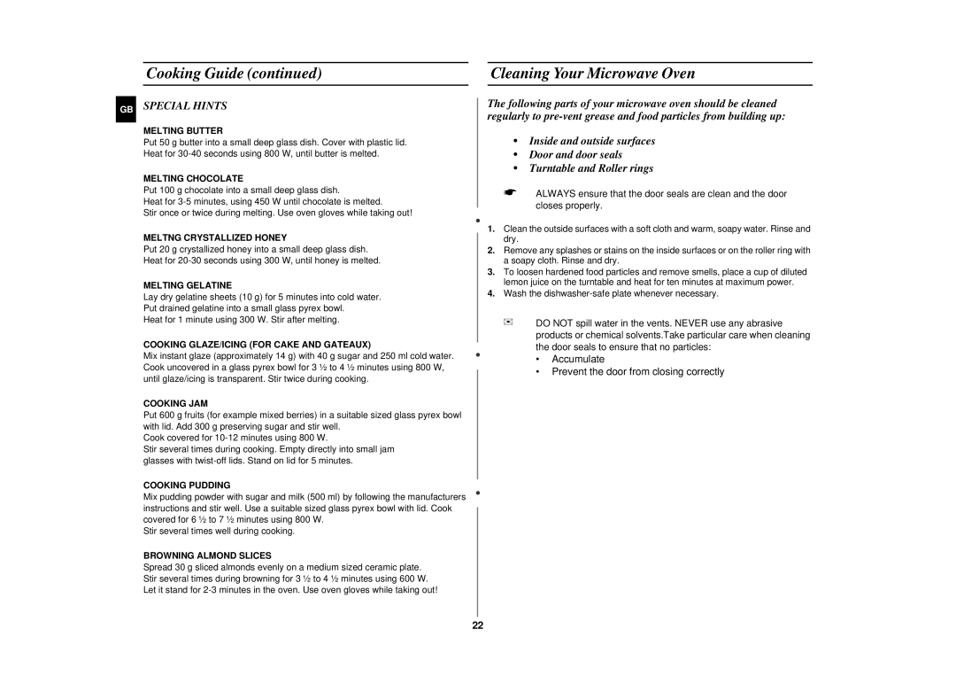 Samsung M1714N/BOL manual Cleaning Your Microwave Oven, Special Hints 