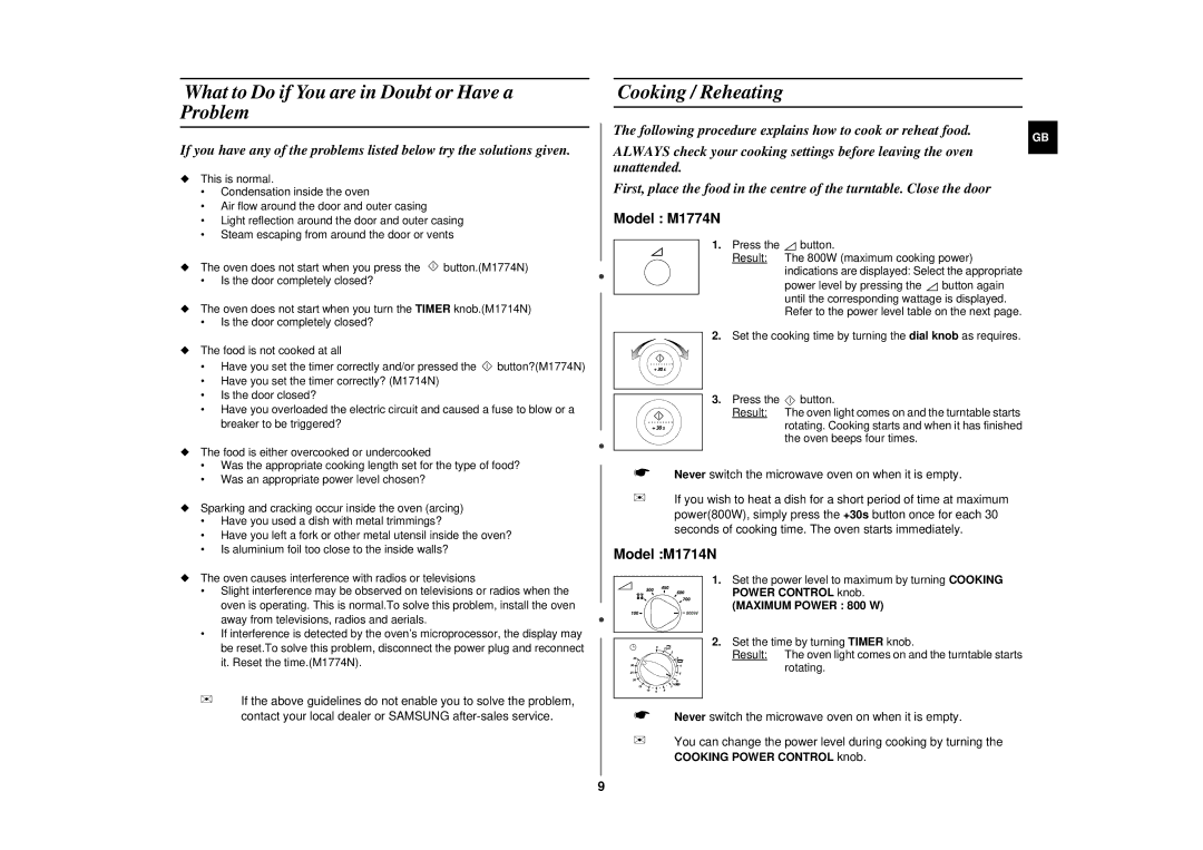 Samsung M1714N/BOL manual What to Do if You are in Doubt or Have a Problem, Cooking / Reheating, Power Control knob 