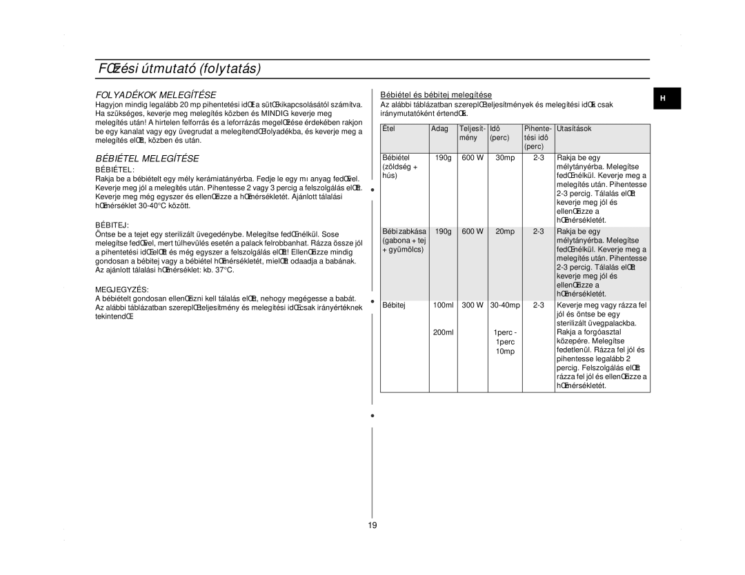 Samsung M1714N/XEH manual Folyadékok Melegítése, Bébiétel Melegítése, Bébitej, Megjegyzés 