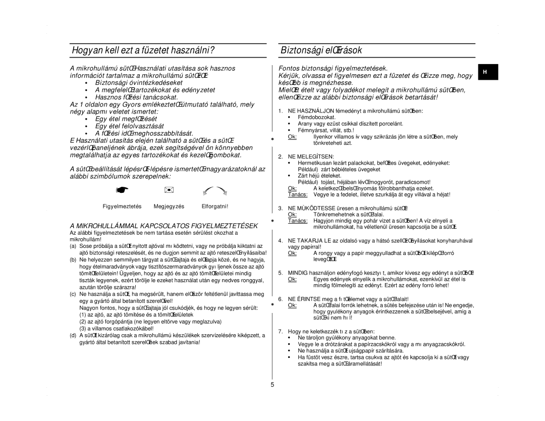 Samsung M1714N/XEH Hogyan kell ezt a füzetet használni?, Biztonsági elŒírások, Mikrohullámmal Kapcsolatos Figyelmeztetések 