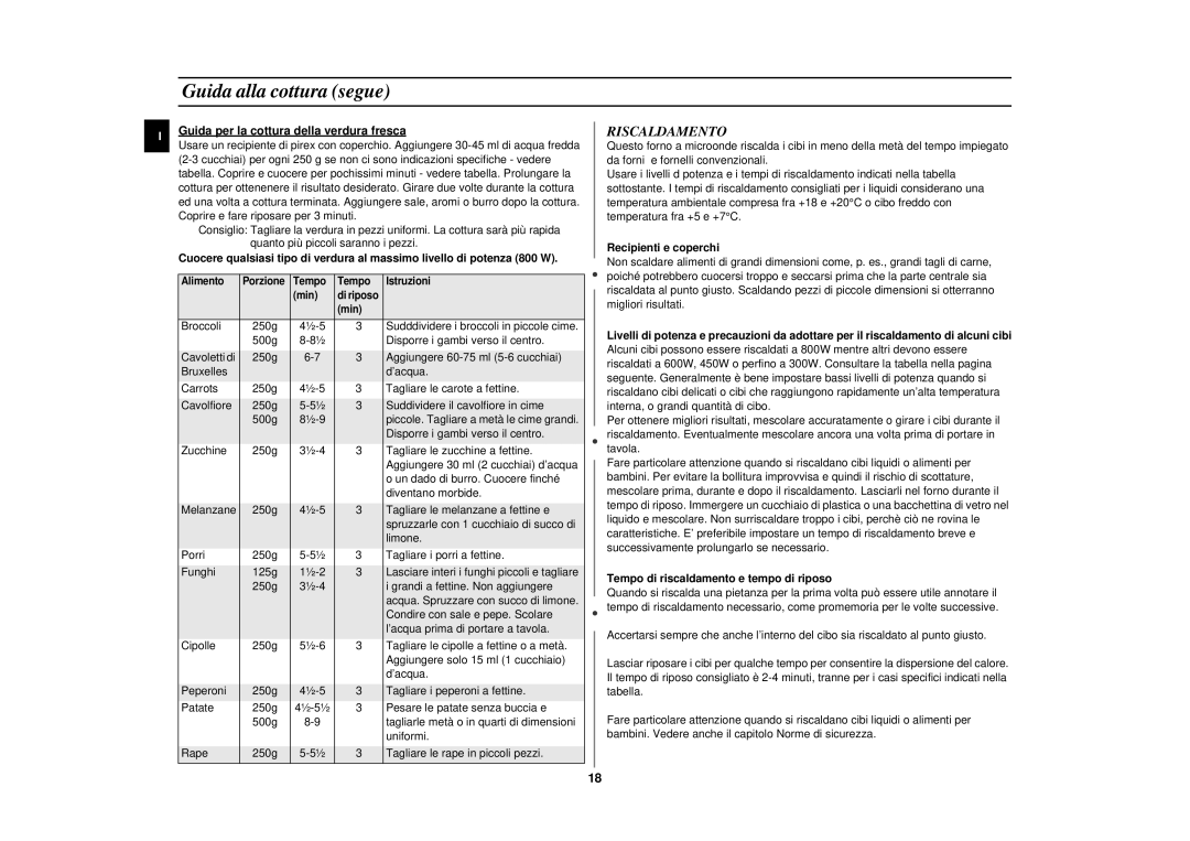 Samsung M1714N/XET manual Guida alla cottura segue, Riscaldamento, Guida per la cottura della verdura fresca 